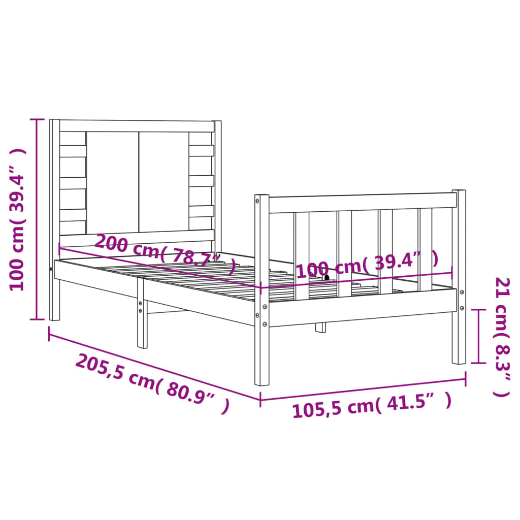 vidaXL Sängram med huvudgavel vit 100x200 cm massivt trä