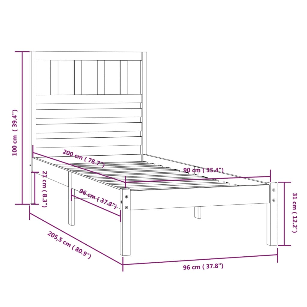 vidaXL Sängram vit massiv furu 90x200 cm