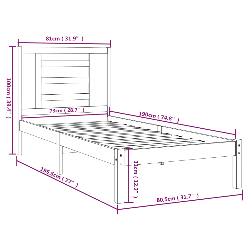 vidaXL Sängram vit massivt trä 75x190 cm