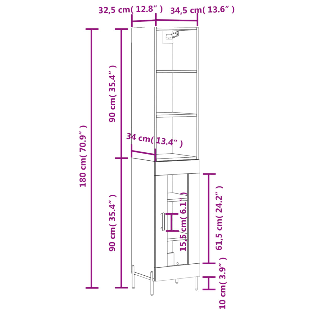 vidaXL Högskåp betonggrå 34,5x34x180 cm konstruerat trä