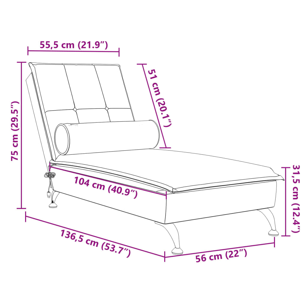 vidaXL Massageschäslong med bolster ljusgrå sammet