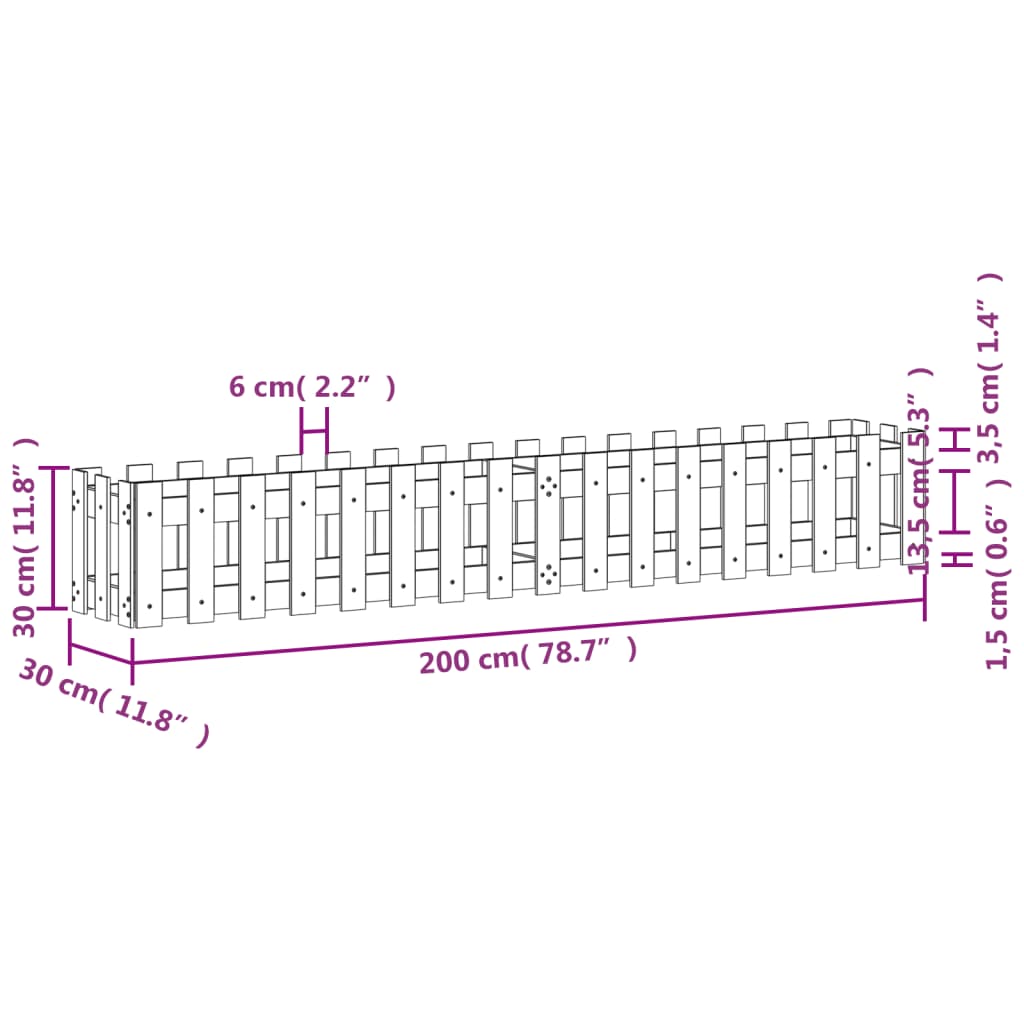 vidaXL Odlingslåda med staket-design vit 200x30x30 cm massiv furu