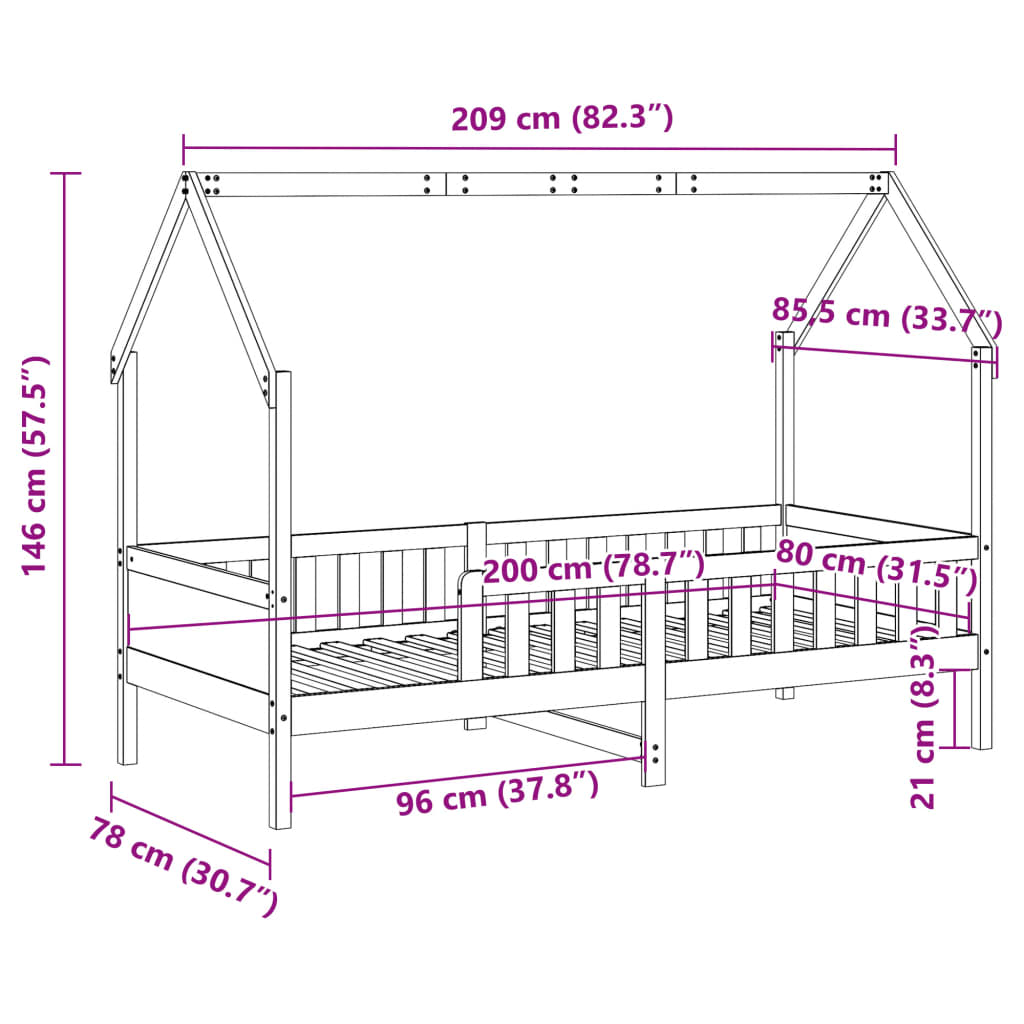 vidaXL Barnsäng med husram vit 80x200 cm massiv furu