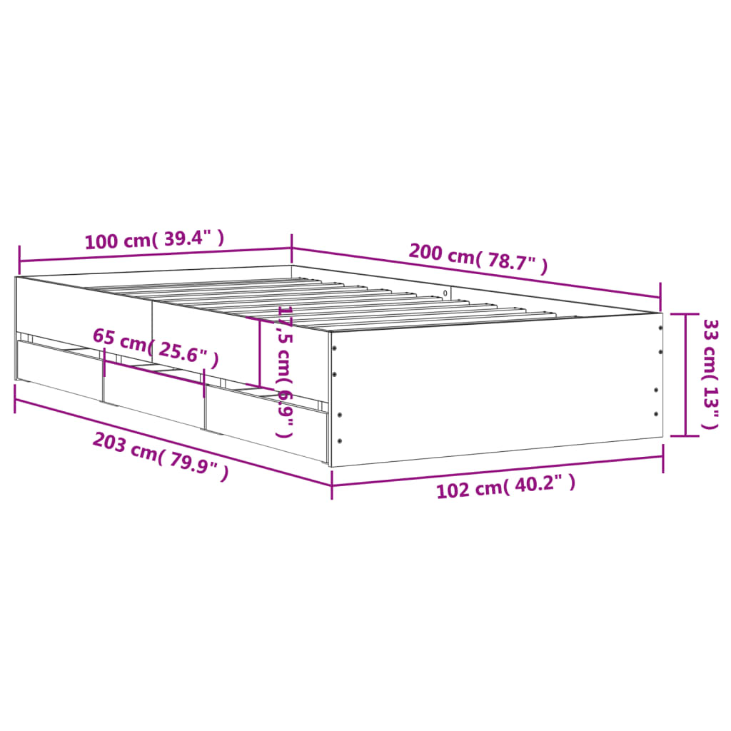 vidaXL Sängram med lådor betonggrå 100x200 cm konstruerat trä