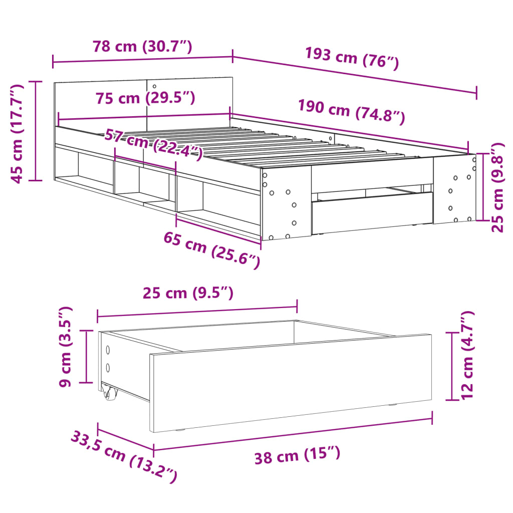 vidaXL Sängram med låda betonggrå 75x190 cm konstruerat trä