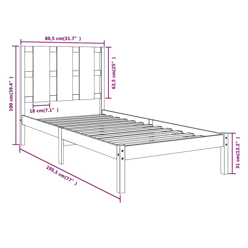 vidaXL Sängram vit massivt trä 75x190 cm