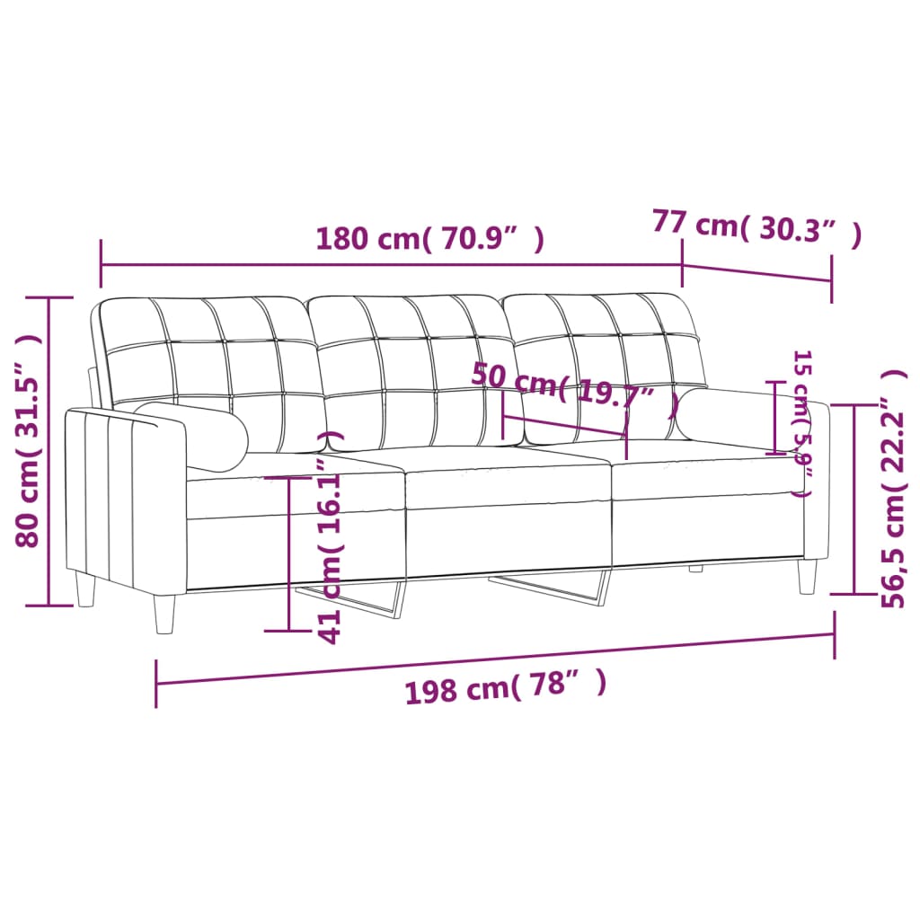 vidaXL 3-sitssoffa med prydnadskuddar ljusgrå 180 cm tyg