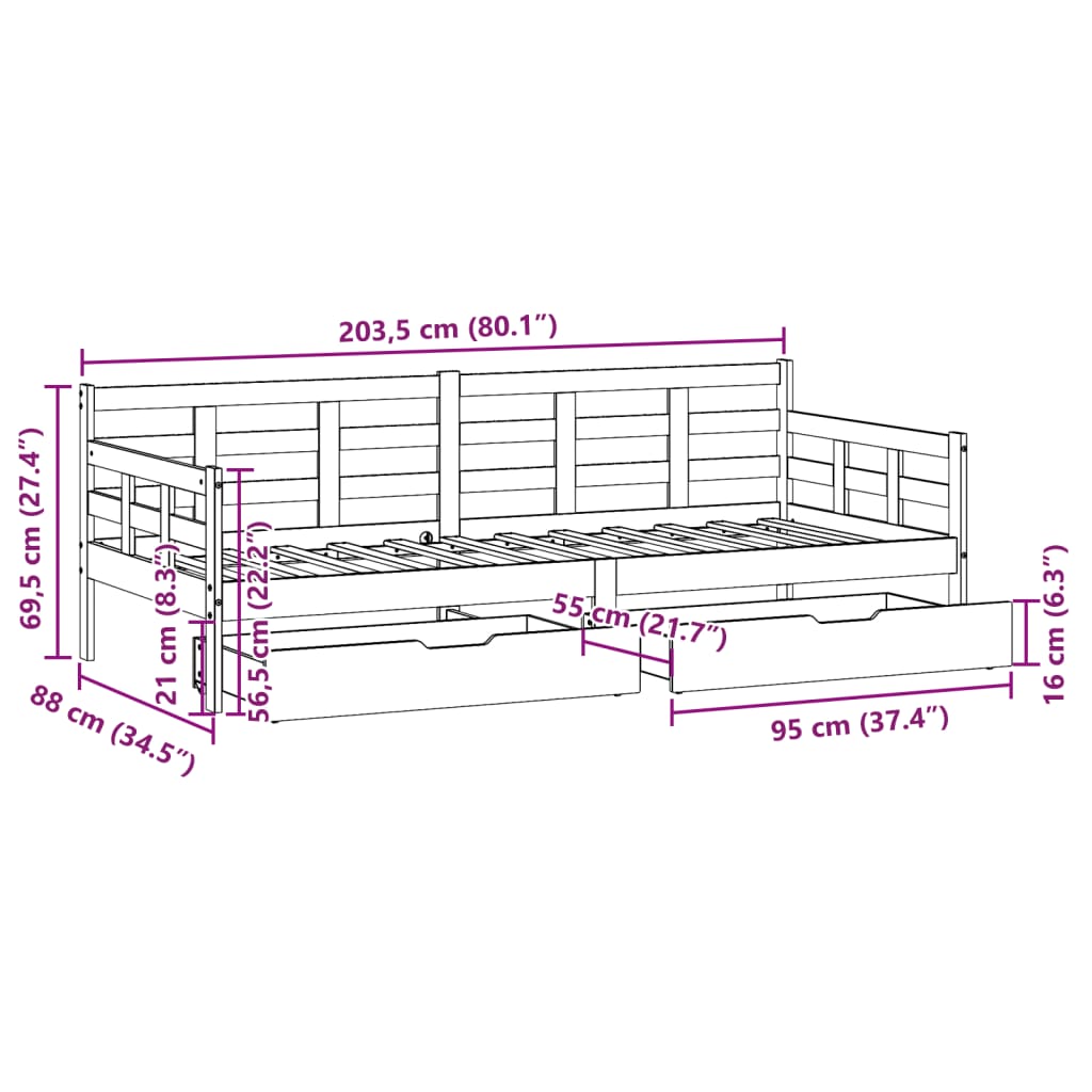 vidaXL Dagbädd med lådor vit 80x200 cm massiv furu