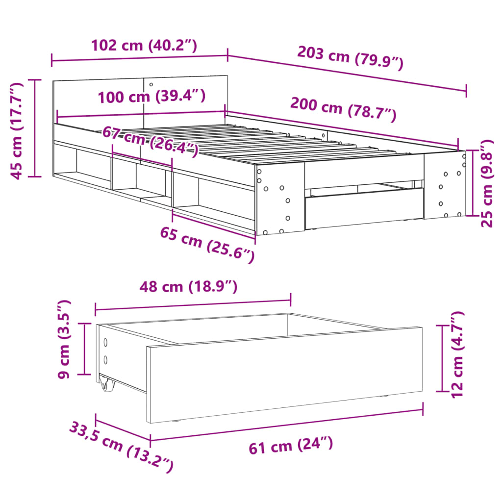 vidaXL Sängram med låda grå sonoma 100x200 cm konstruerad trä