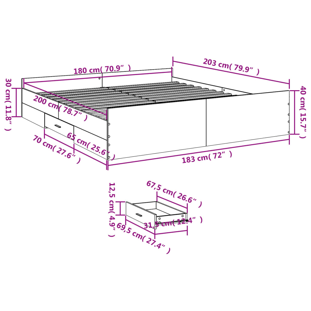 vidaXL Sängram med lådor sonoma-ek 180x200 cm konstruerat trä