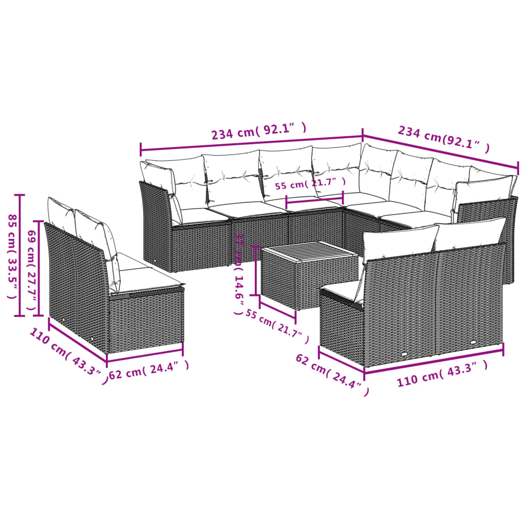 vidaXL Loungegrupp med dynor 12 delar svart konstrotting