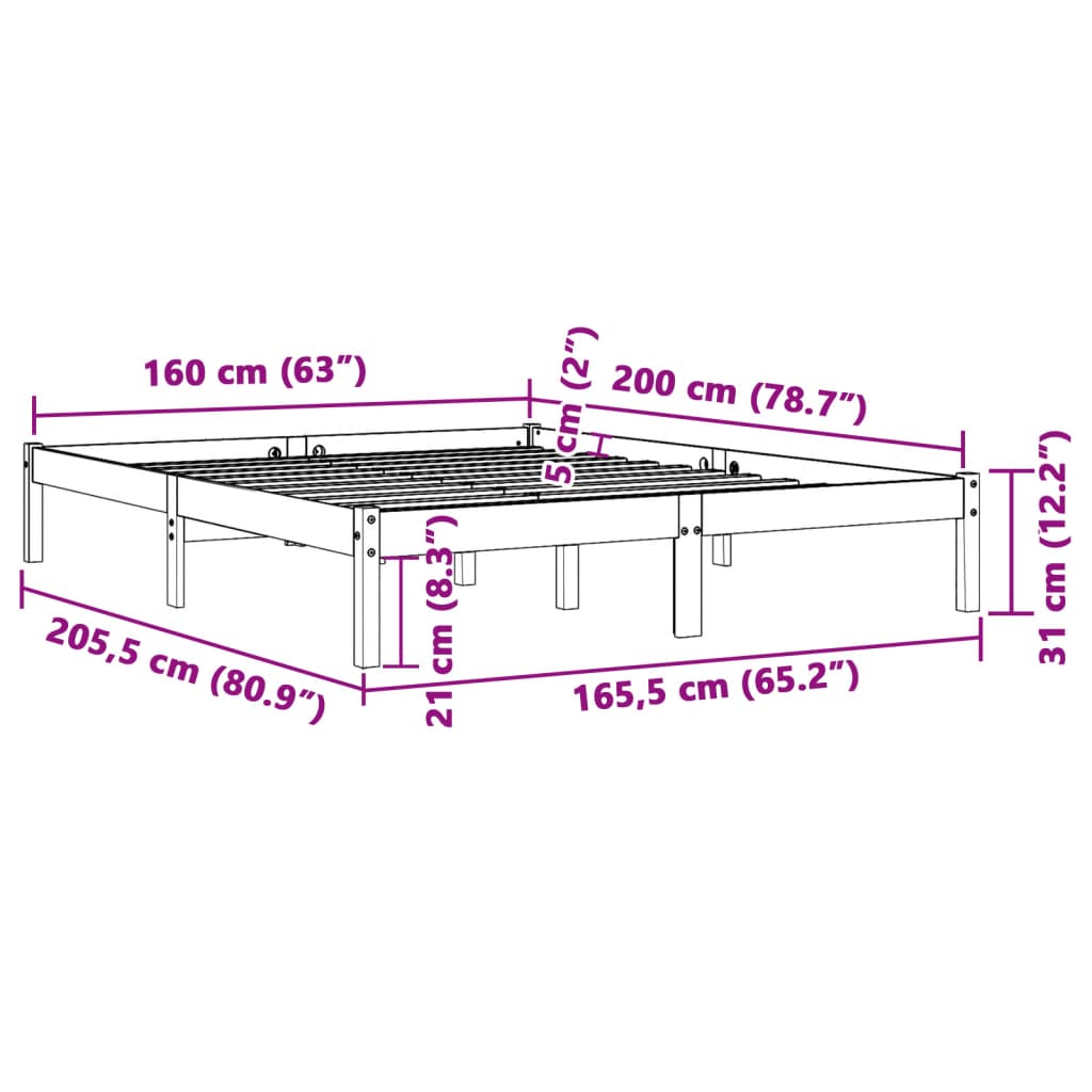 vidaXL Sängram utan madrass vaxbrun 160x200 cm massiv furu