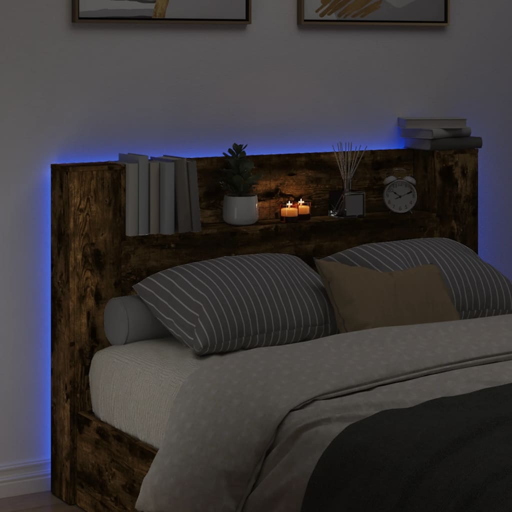 vidaXL Sänggavel med LED rökfärgad ek 160x16,5x103,5 cm
