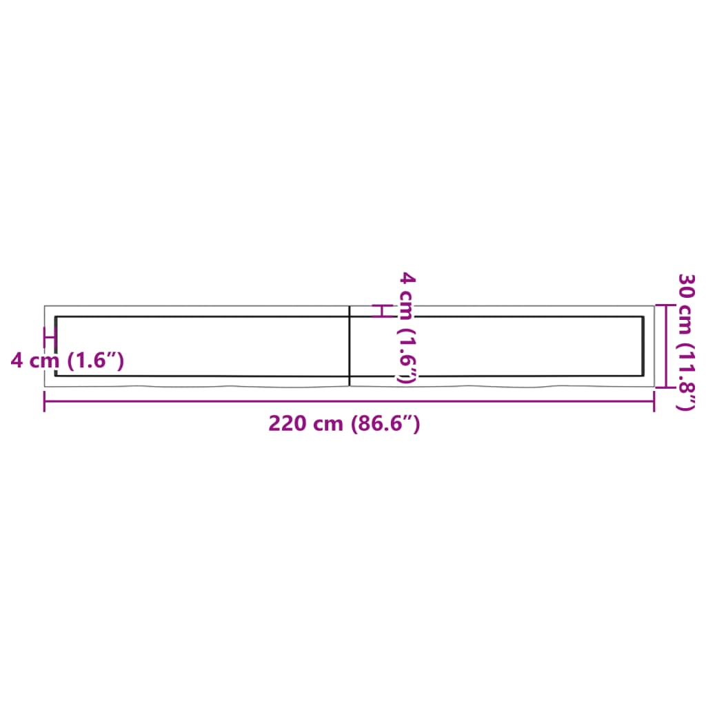 vidaXL Bänkskiva för badrum 220x30x(2-6) cm obehandlat massivt trä