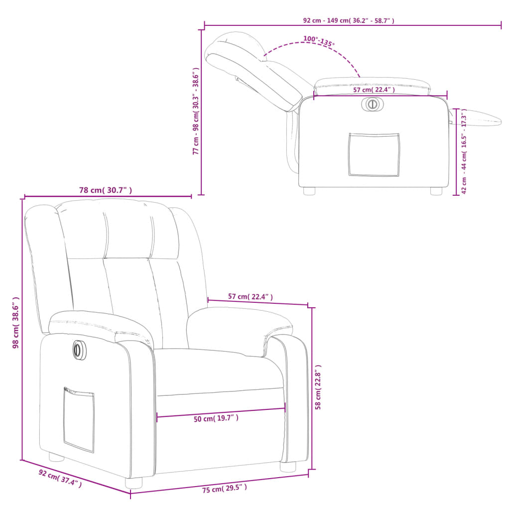 vidaXL Elektrisk reclinerfåtölj gräddvit tyg