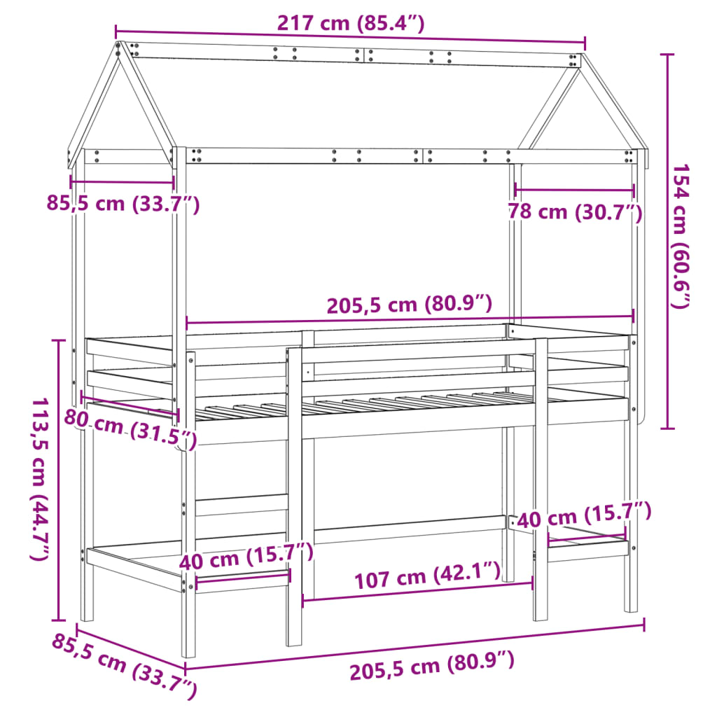 vidaXL Våningssäng med stege och tak 80x200 cm massiv furu