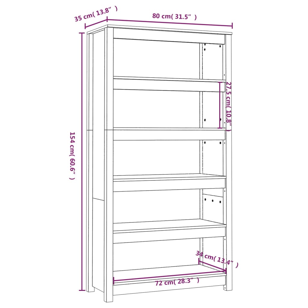 vidaXL Bokhylla vit 80x35x154 cm massiv furu