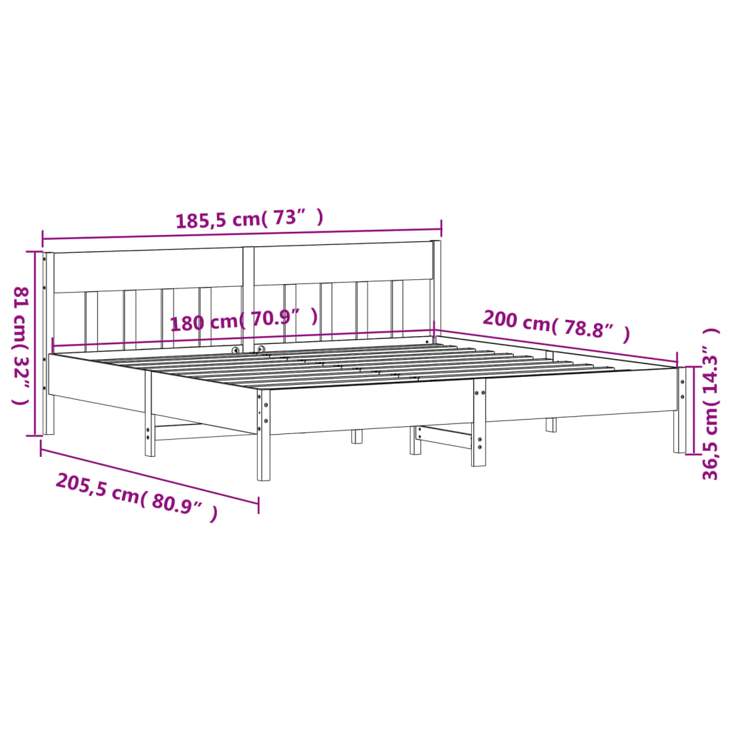 vidaXL Sängram utan madrass 180x200 cm massiv furu