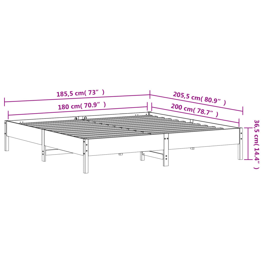 vidaXL Sängram utan madrass vit 180x200 cm massiv furu