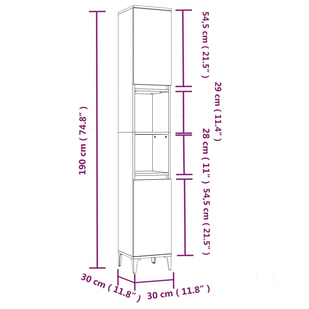 vidaXL Badrumsskåp betonggrå 30x30x190 cm konstruerat trä