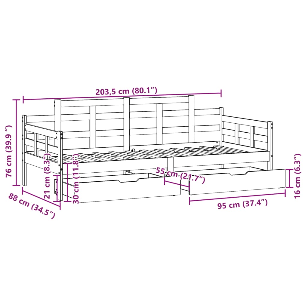 vidaXL Dagbädd med lådor 80x200 cm massiv furu