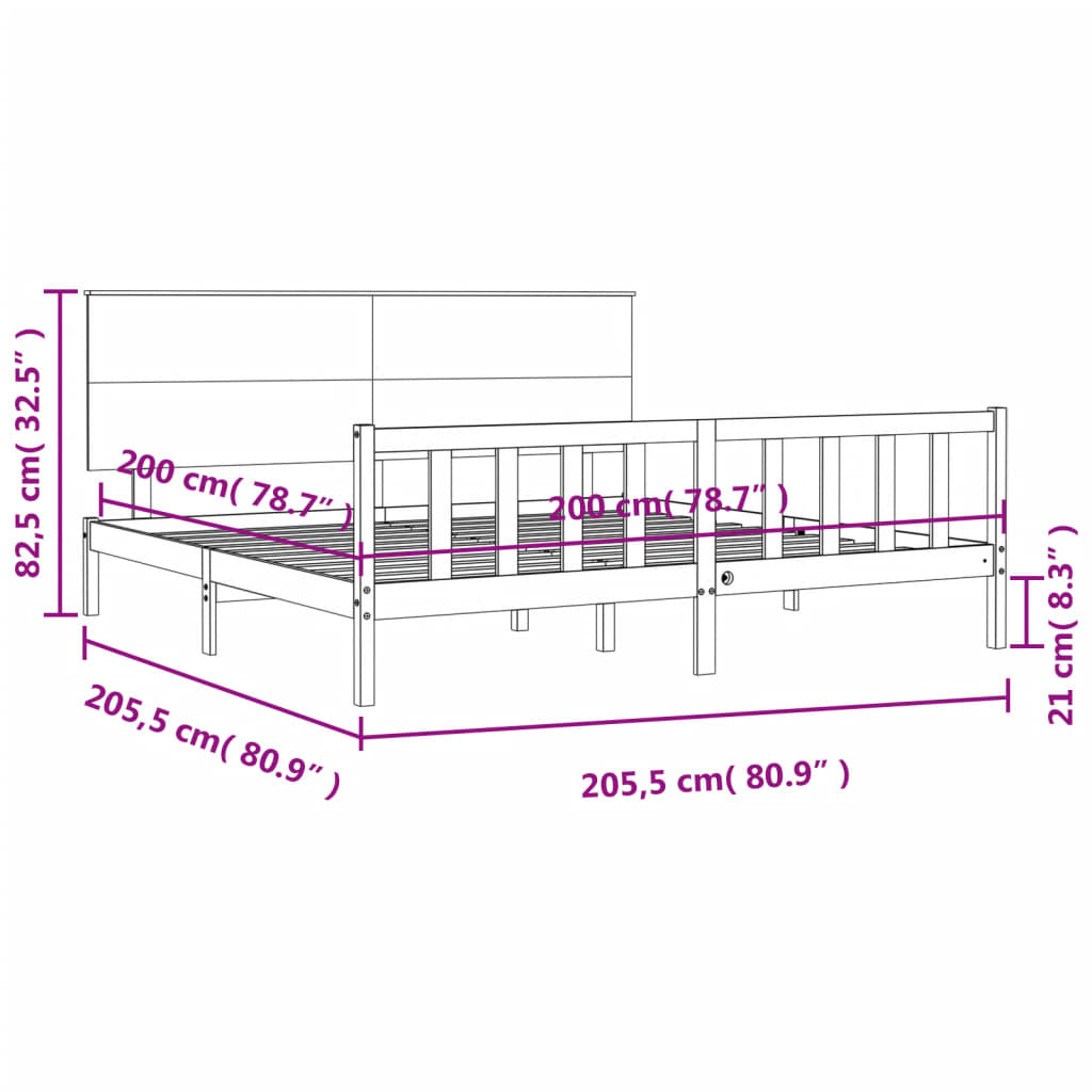 vidaXL Sängram med huvudgavel svart 200x200 cm massivt trä