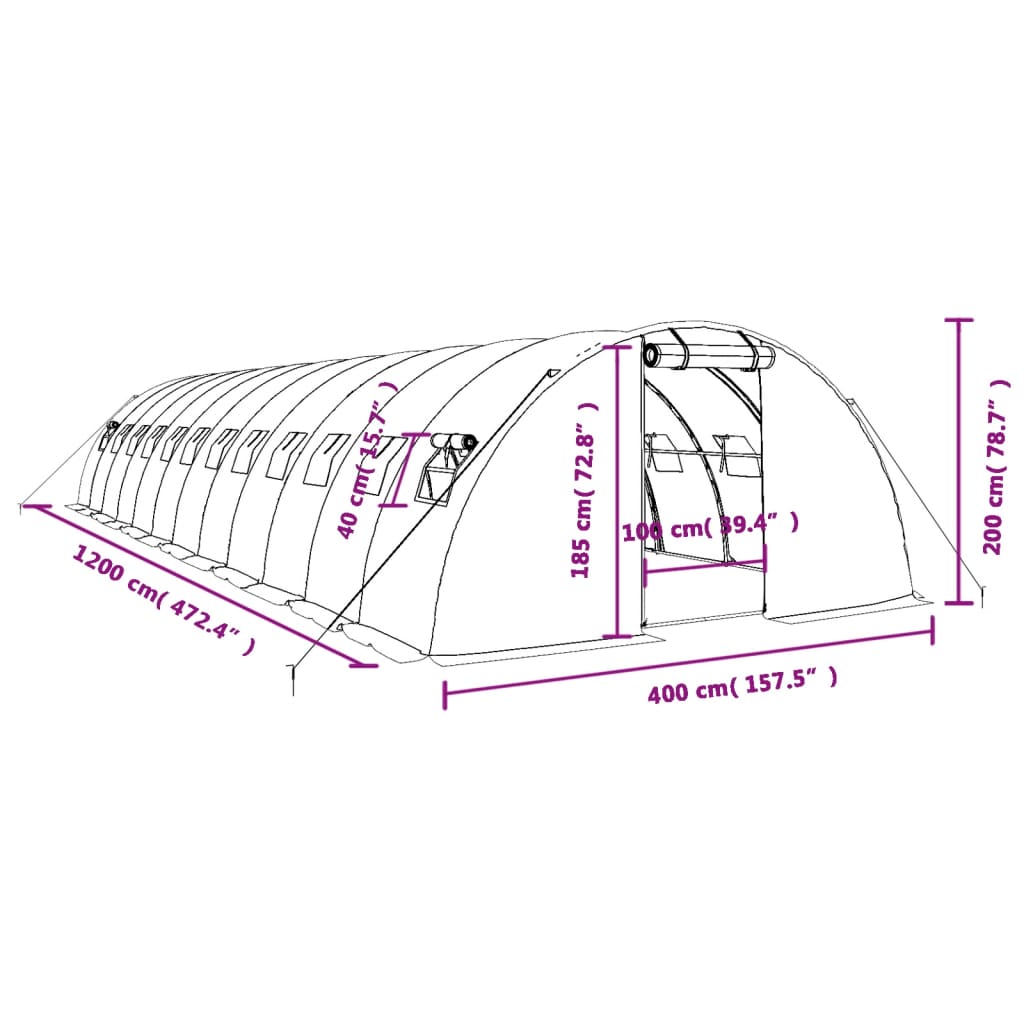 vidaXL Växthus med stålram vit 48 m² 12x4x2 m