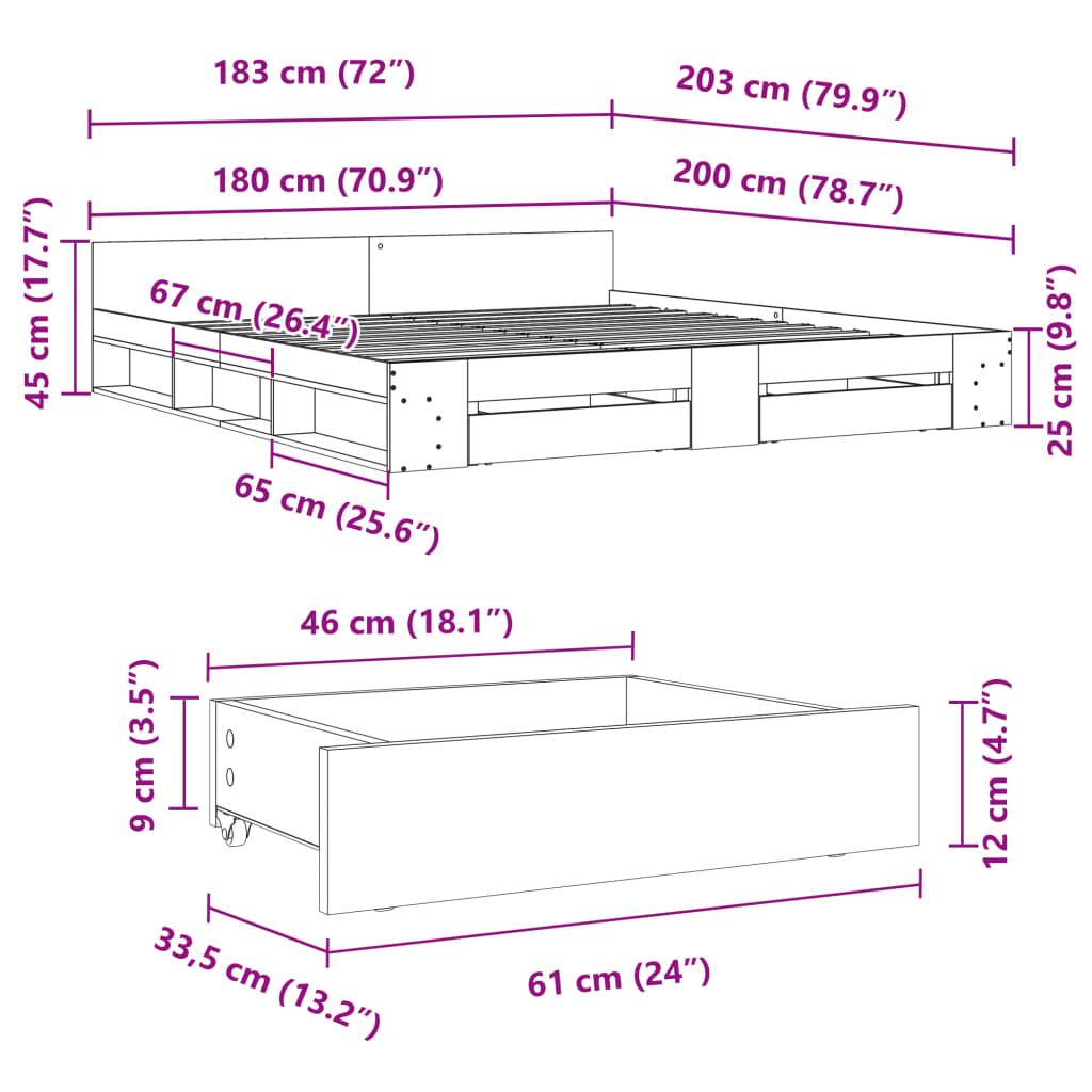 vidaXL Sängram med lådor sonoma-ek 180x200 cm konstruerat trä