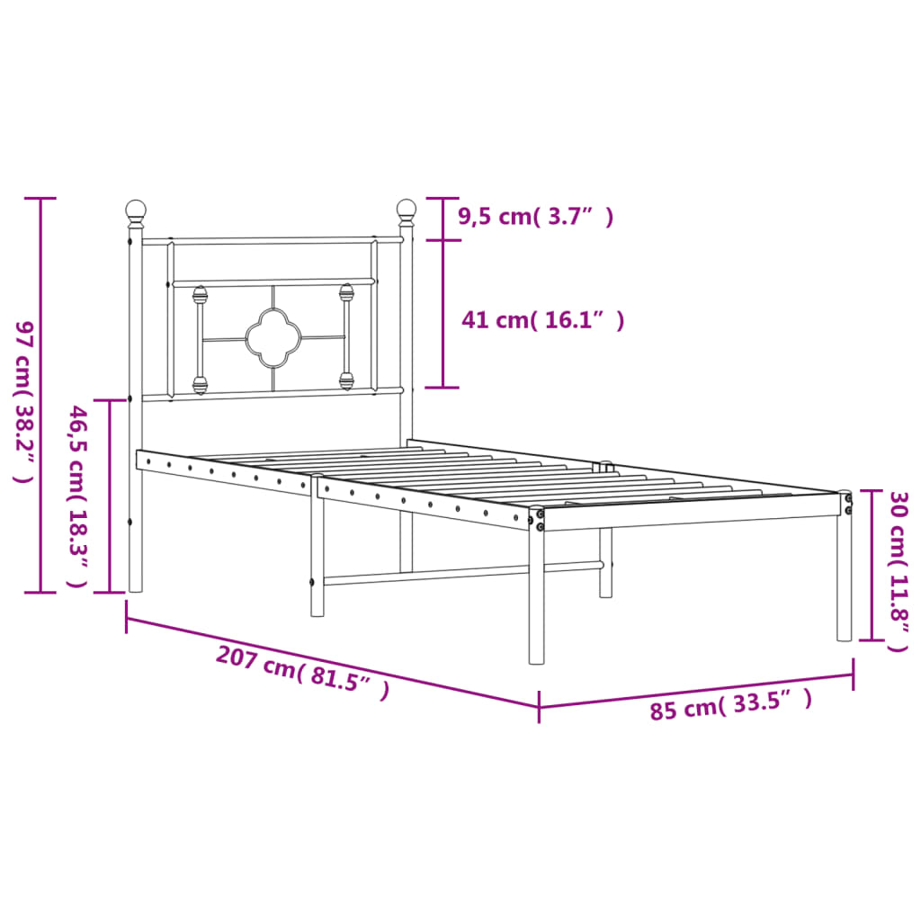 vidaXL Sängram med huvudgavel metall svart 80x200 cm