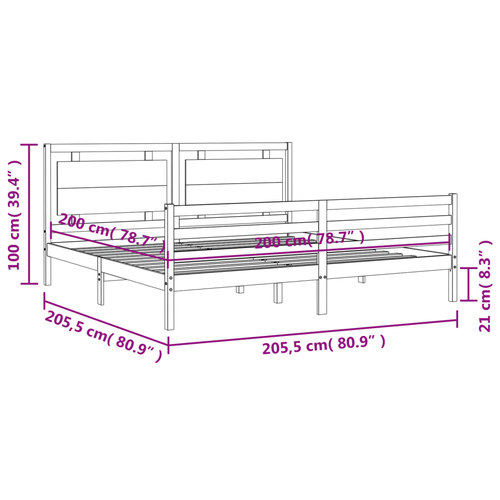 vidaXL Sängram med huvudgavel grå 200x200 cm massivt trä