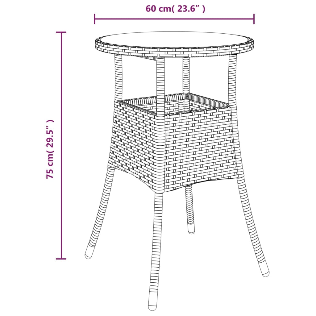 vidaXL Trädgårdsbord Ø60x75 cm härdat glas och konstrotting svart