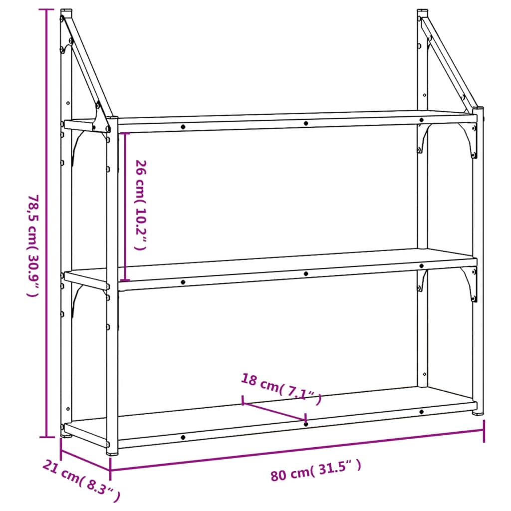 vidaXL Vägghylla 3 hyllor brun ek 80x21x78,5 cm konstruerat trä