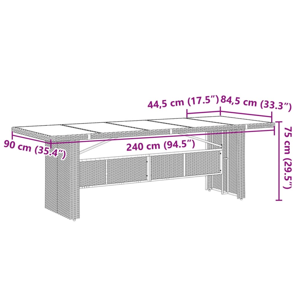 vidaXL Trädgårdsbord med glasskiva svart 240x90x75 cm konstrotting