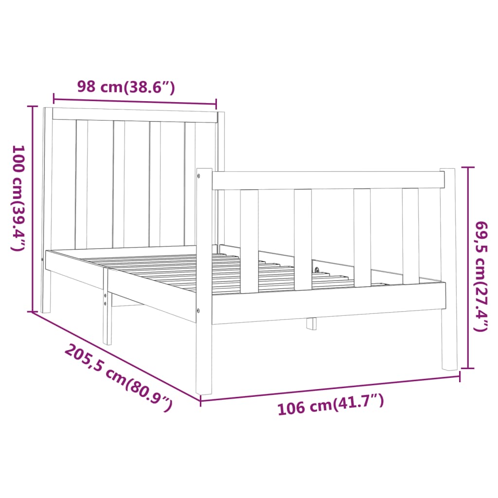 vidaXL Sängram svart massiv furu 100x200 cm