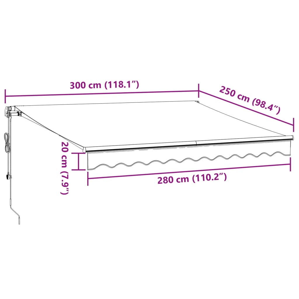 vidaXL Markis automatiskt infällbar med LEDs vinröd 300x250 cm