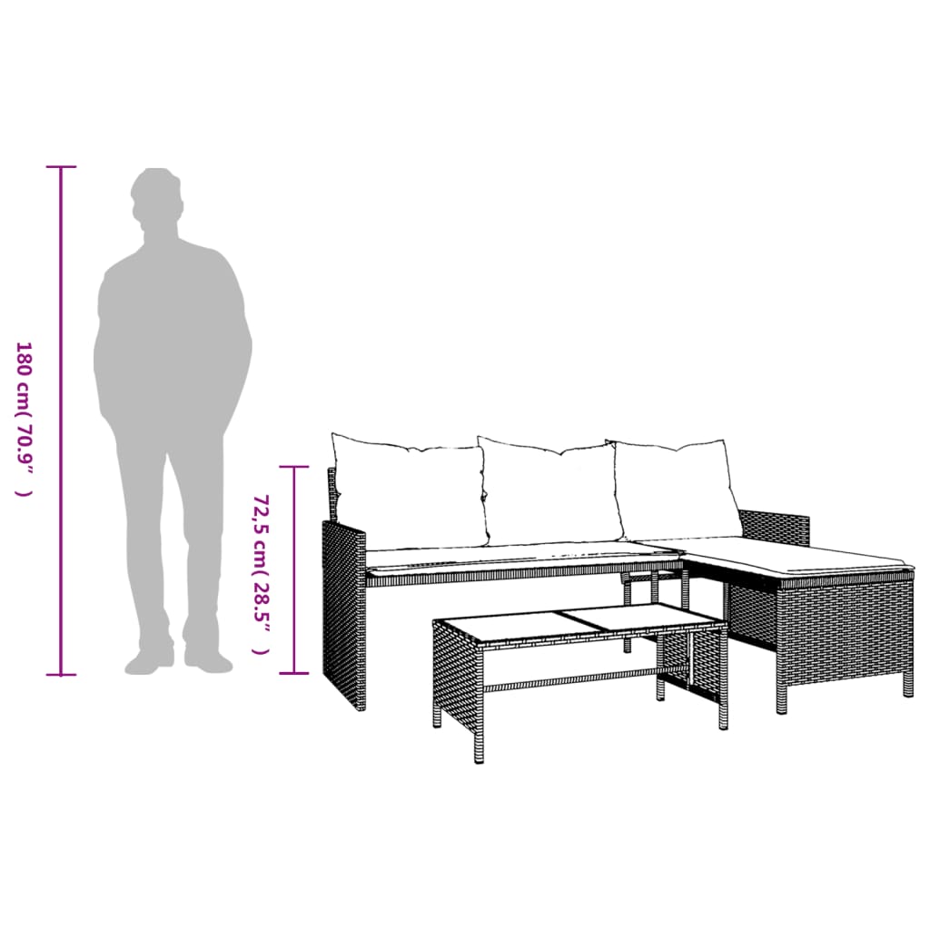 vidaXL Trädgårdssoffa med bord och dynor L-formad svart konstrotting