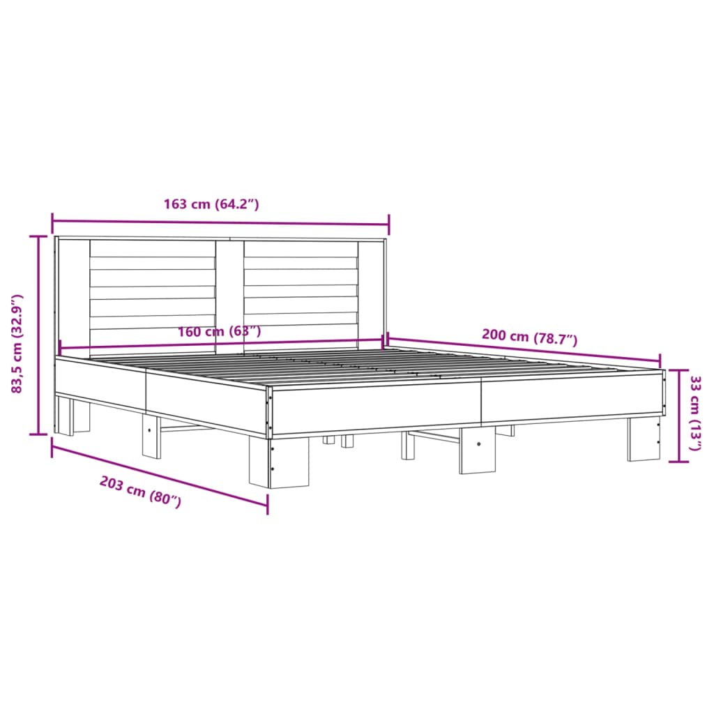 vidaXL Sängram rökfärgad ek 160x200 cm konstruerat trä och metall