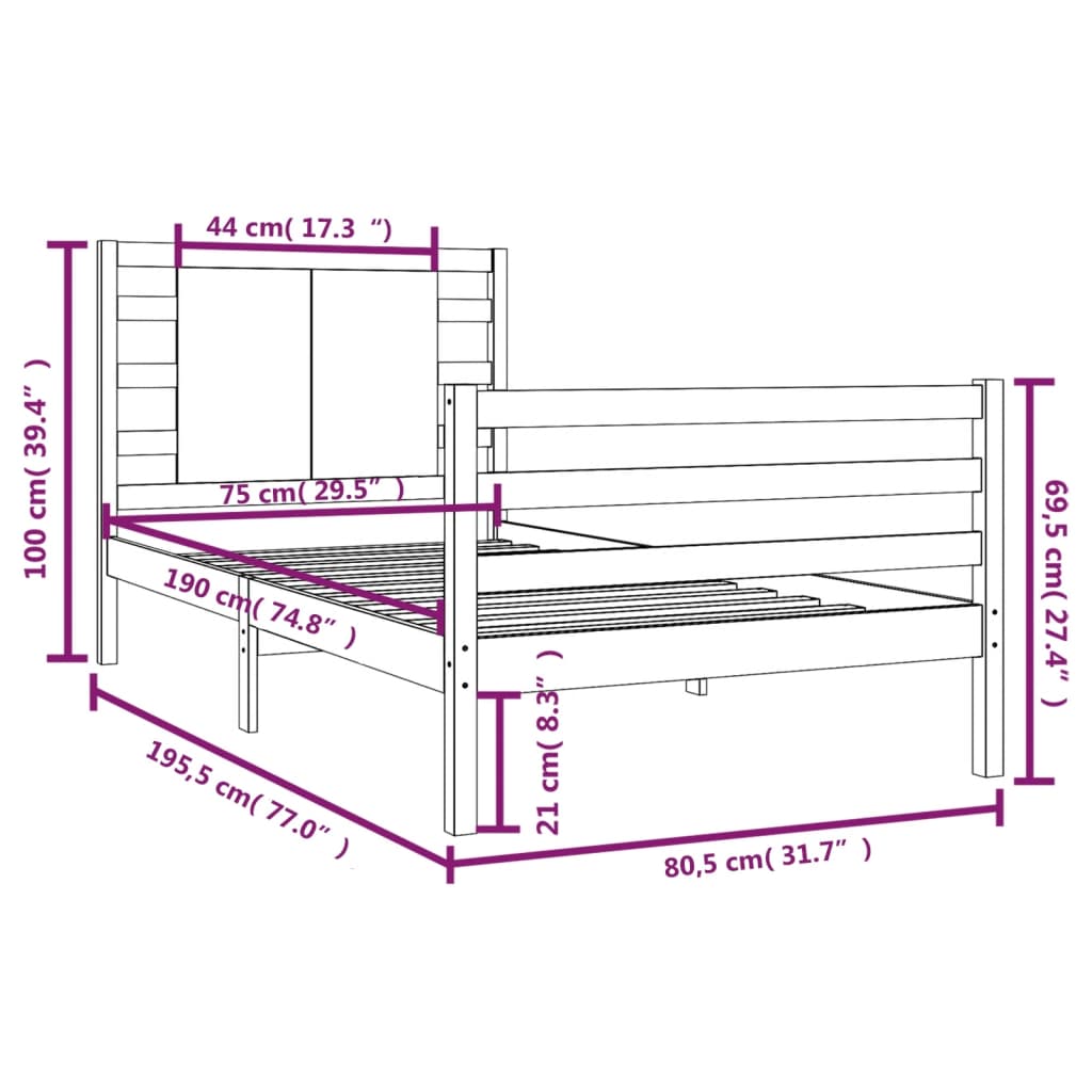 vidaXL Sängram massivt trä 75x190 cm