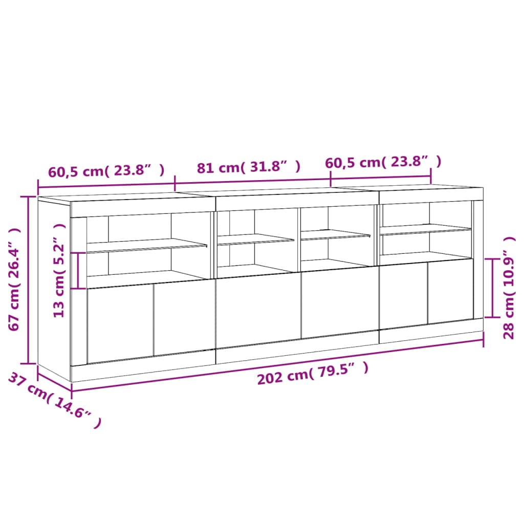 vidaXL Skänk med LED-belysning vit 202x37x67 cm