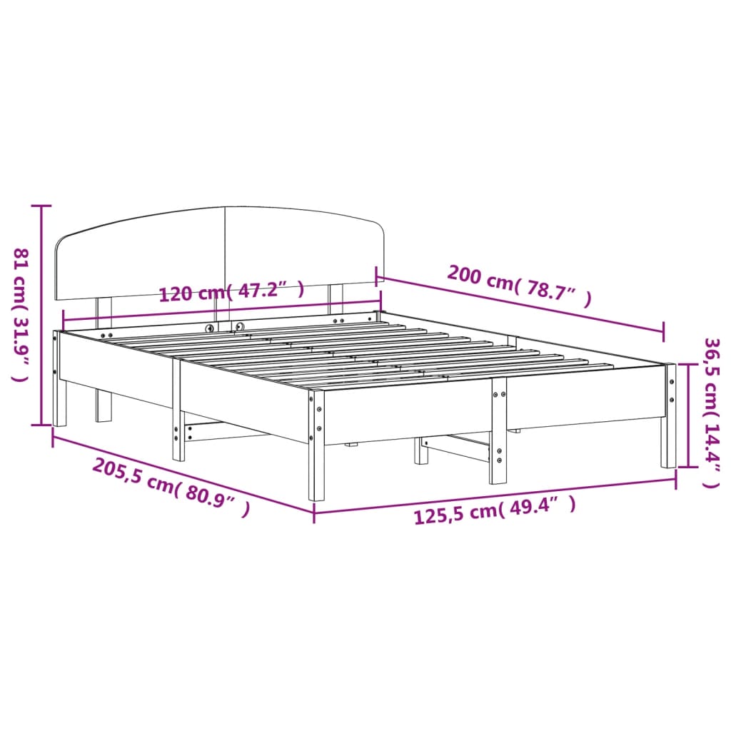 vidaXL Sängram utan madrass vit 120x200 cm massiv furu