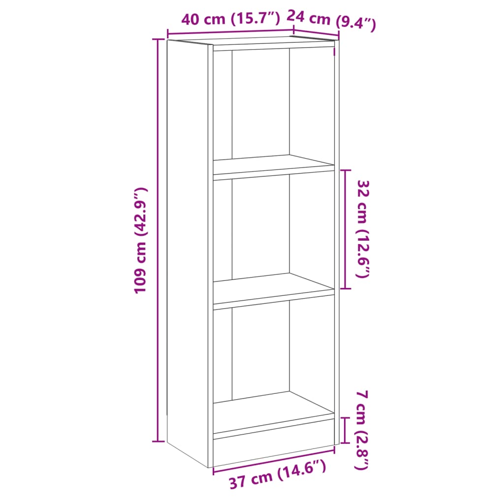 vidaXL Bokhylla 3 hyllor svart 40x24x109 cm konstruerat trä