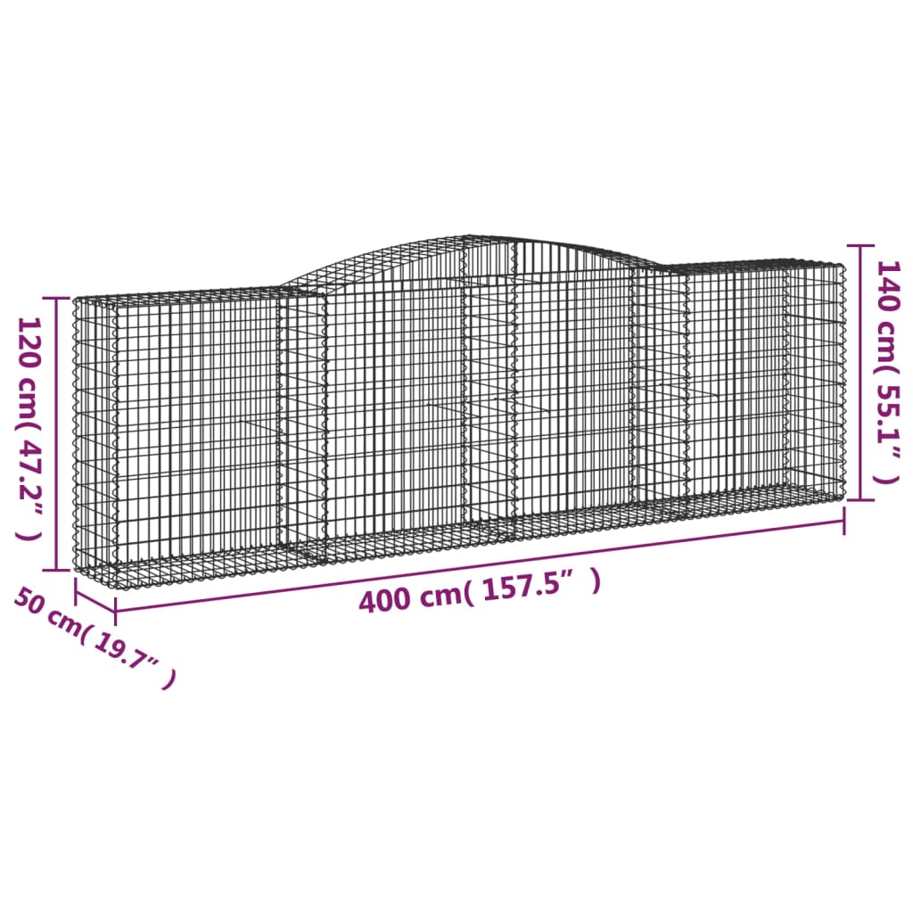 vidaXL Gabioner bågformade 3 st 400x50x120/140 cm galvaniserat järn