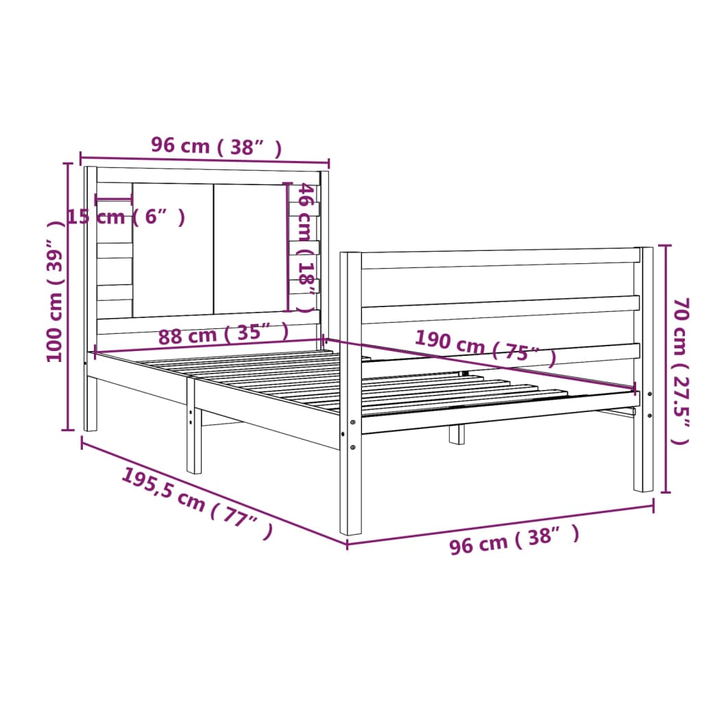 vidaXL Sängram vit massiv furu 90x190 cm