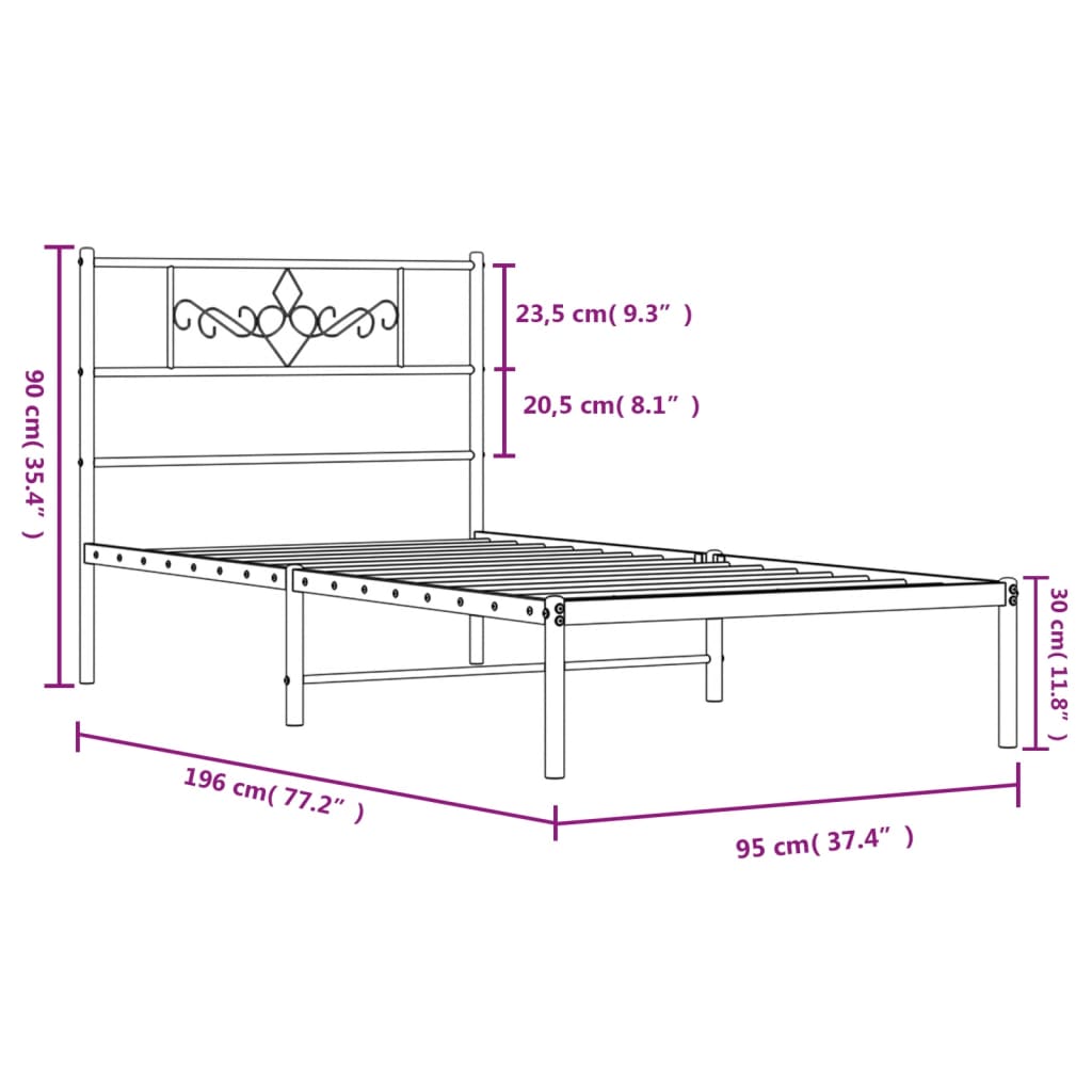 vidaXL Sängram med huvudgavel metall vit 90x190 cm