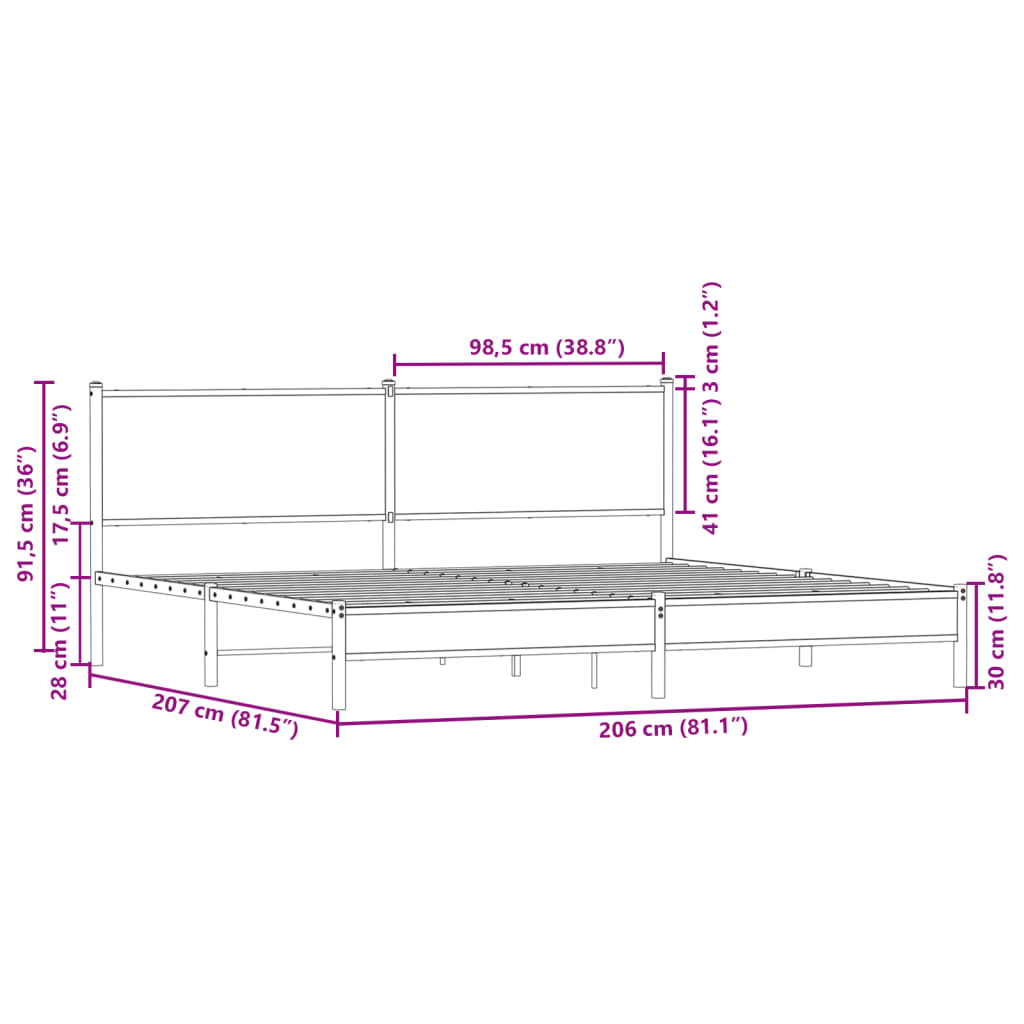 vidaXL Sängram utan madrass metall brun ek 200x200 cm