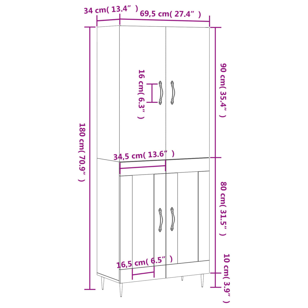 vidaXL Högskåp vit 69,5x34x180 cm konstruerat trä