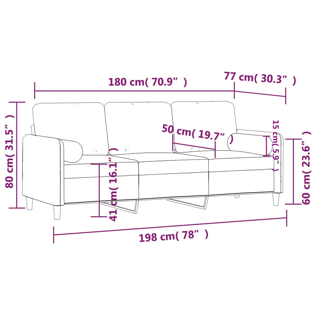 vidaXL 3-sitssoffa med prydnadskuddar rosa 180 cm sammet