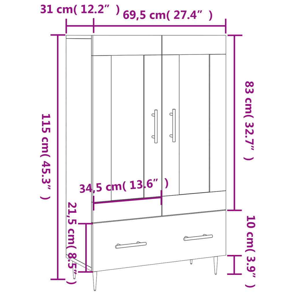 vidaXL Högskåp rökfärgad ek 69,5x31x115 cm konstruerat trä