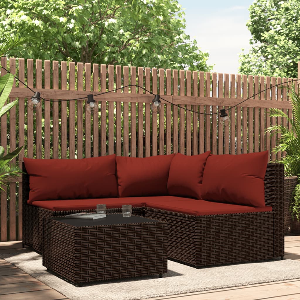 vidaXL Loungegrupp för trädgården med dynor 4 delar konstrotting brun