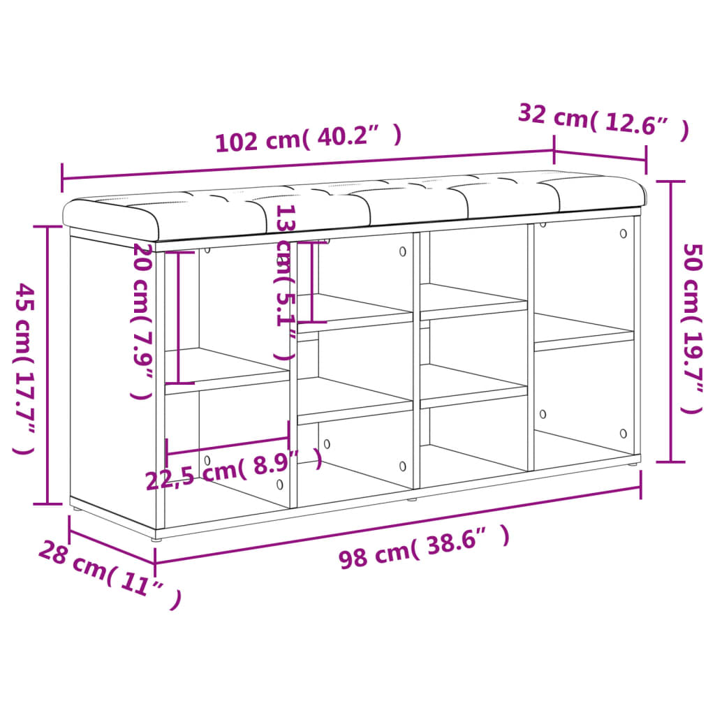 vidaXL Skobänk sonoma-ek 102x32x50 cm konstruerat trä